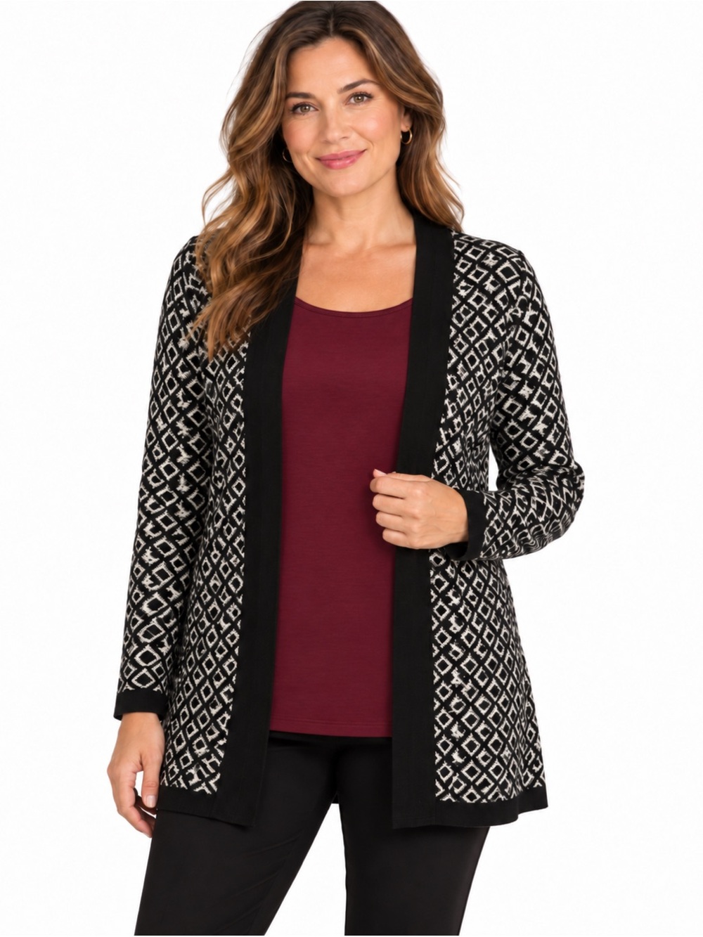 Black and Cream Open-Front Geometric Cardigan Sweater - 1117
